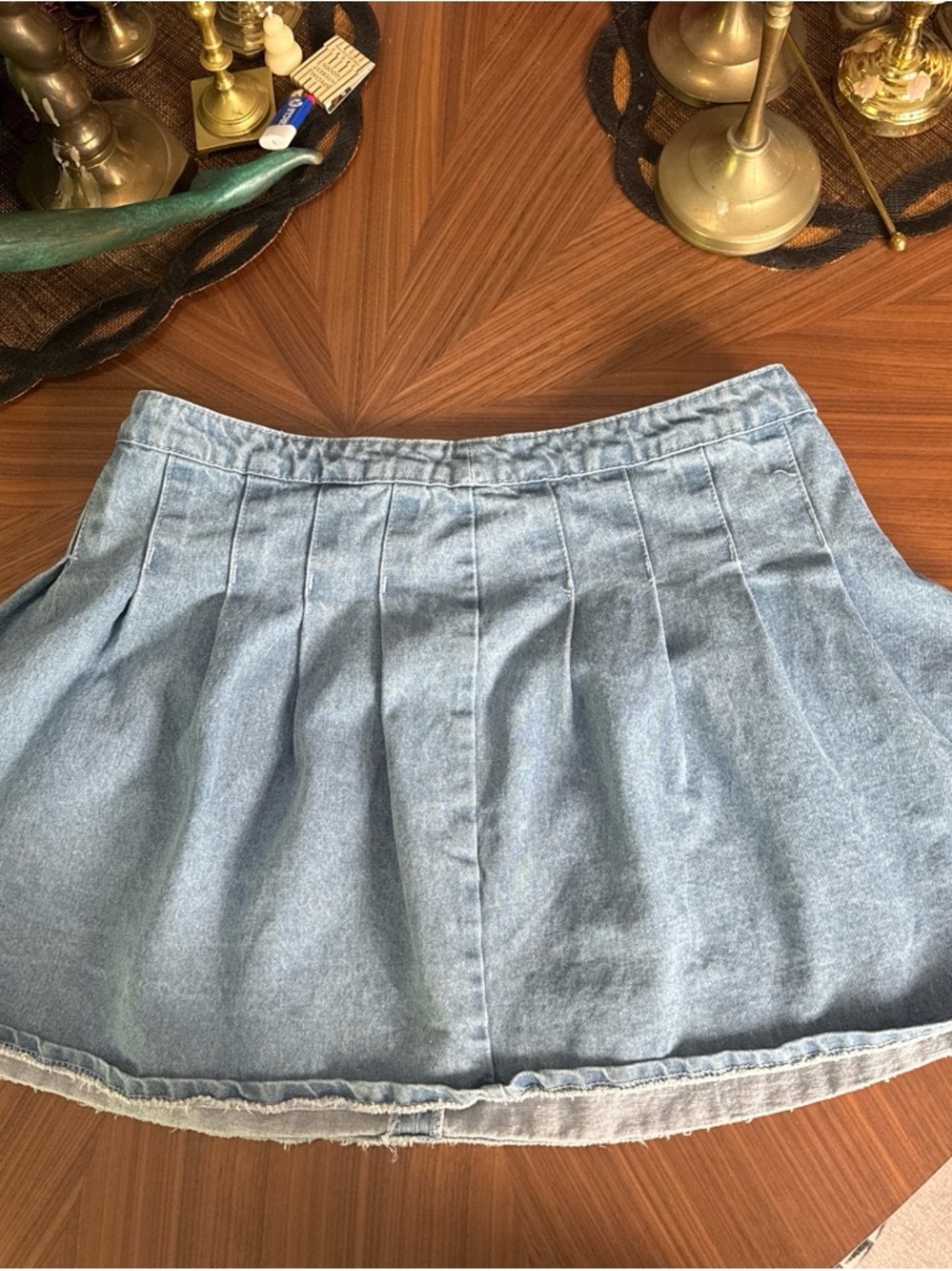 Light Blue Denim Pleated Mini Skirt by